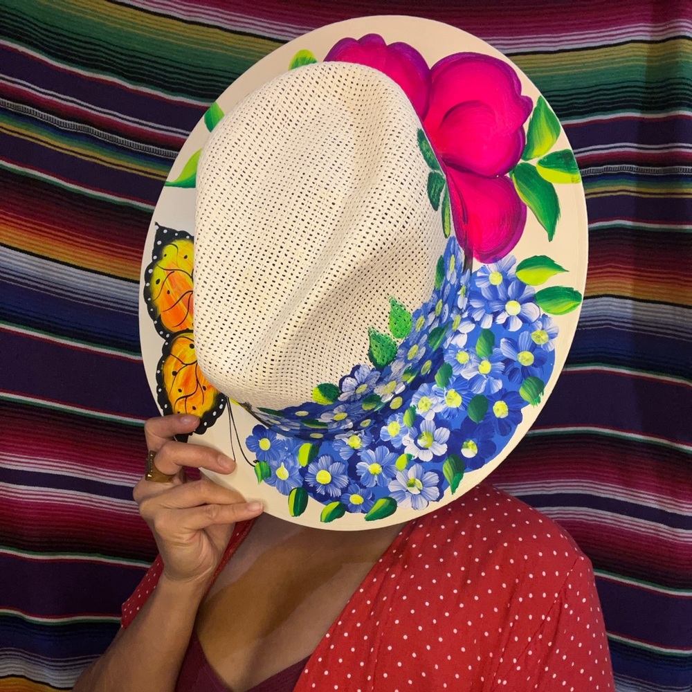Floral Hand-Painted Canvas Visor Straw Hat Made in Mexico
